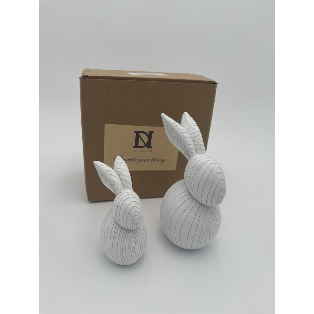 DN DECONATION 3D Wooden Antique White Bunny Figurines Easter Bunnies
